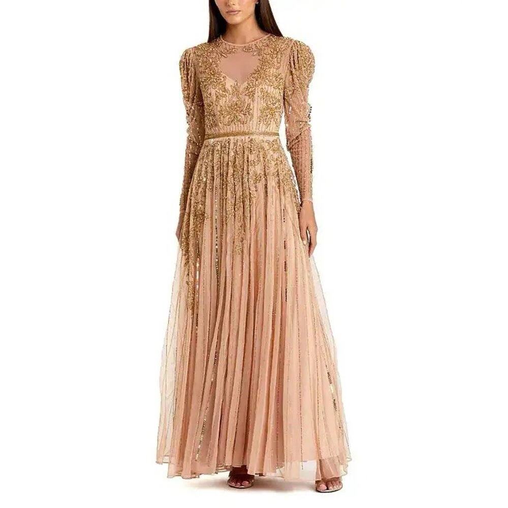 Mac Duggal 93638 Beaded Floral Illusion Gown Size 16 Long Puff Sleeve Gold NWT